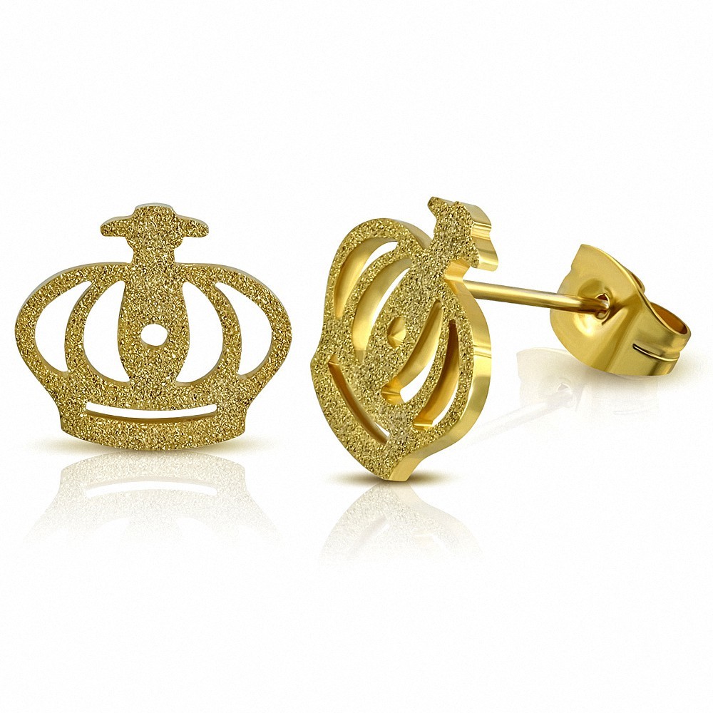 Boucles d'oreilles clous Royal Princess Crown en acier inoxydable plaqué couleur doré avec sablage (paire)