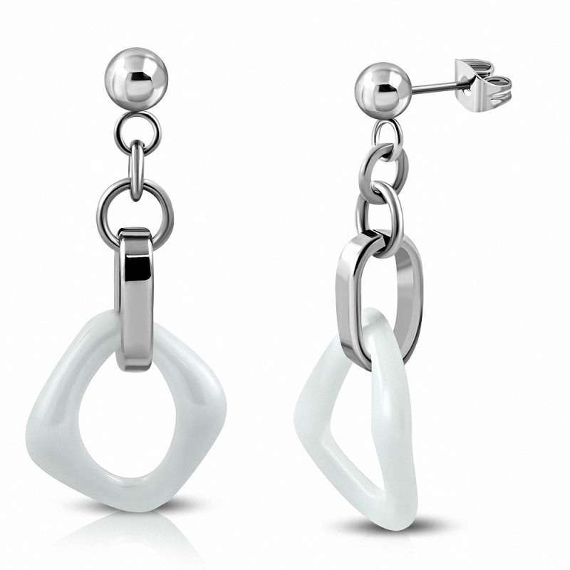 Boucles d'oreilles en acier inoxydable avec carré blanc et perles longues en forme de goutte (paire)