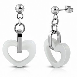 Boucles d'oreilles en acier inoxydable avec coeur blanc en forme de coeur et de perles blanches (paire)