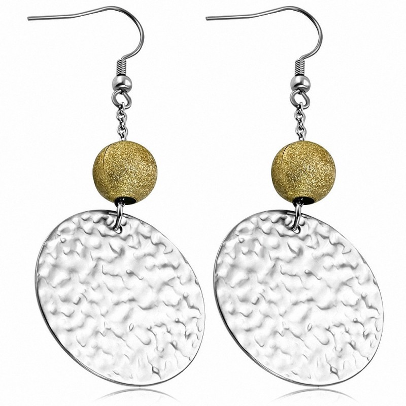 Boucles d'oreilles à crochet long et anneau rond avec disque martelé et sablé à la bille en acier inoxydable (paire)