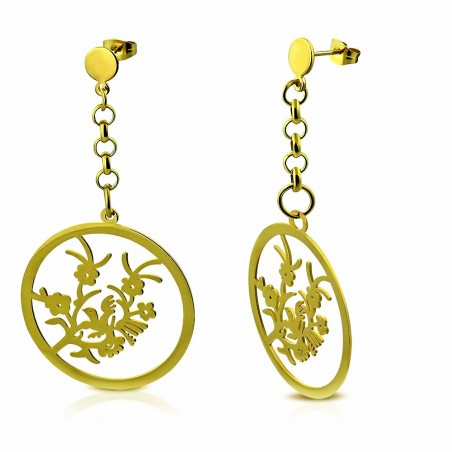 Boucles d'oreilles  clous en forme de cercle d'oiseaux en forme de fleur d'oiseau avec cercle en acier inoxydable doré