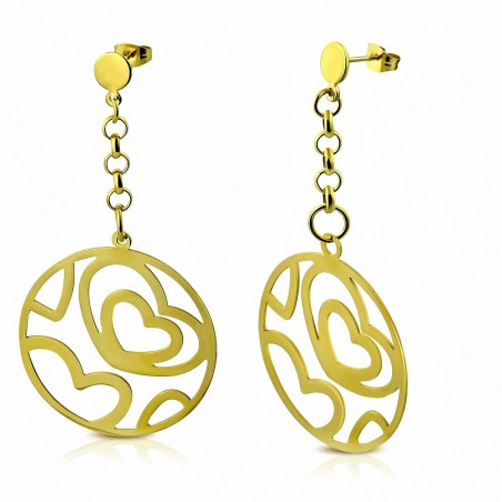 Boucles d'oreilles clous en forme de coeur d'amour en forme de cœur avec cercle en acier inoxydable plaqué en couleur d'or