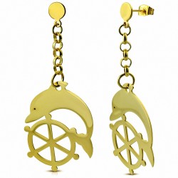 Heaume / roue en acier inoxydable doré et boucles d'oreilles pendantes avec une longue goutte (paire)