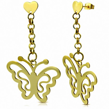 Boucles d'oreilles pendantes à longue goutte avec papillon en acier inoxyd