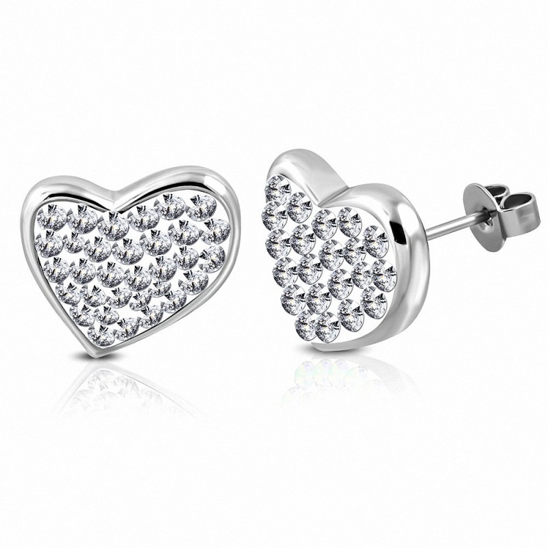 Boucles d'oreilles clous en forme de cœur avec cœur pavé en acier inoxydable avec CZ transparent (paire)