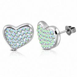 Boucles d'oreilles clous en forme de cœur avec cœur pavé en acier inoxydable Aurore Boreale CZ (paire)