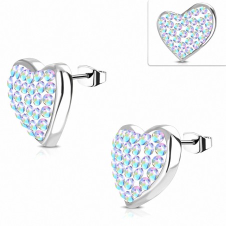 Boucles d'oreilles clous en forme de cœur avec cœur pavé en acier inoxydable avec Aurore Boreale CZ (paire)