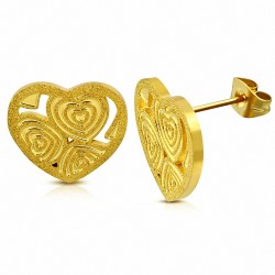 Boucles d'oreilles clous en forme de cœur d'amour concentriques en acier inoxydable doré