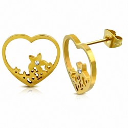 Boucles d'oreille en forme de coeur en forme de coeur en forme de fleur avec coeur en acier inoxydable doré (DE)