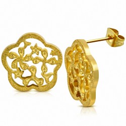 Boucles d'oreilles en forme de fleur en spirale sablée et découpée en acier inoxydable doré (paire)