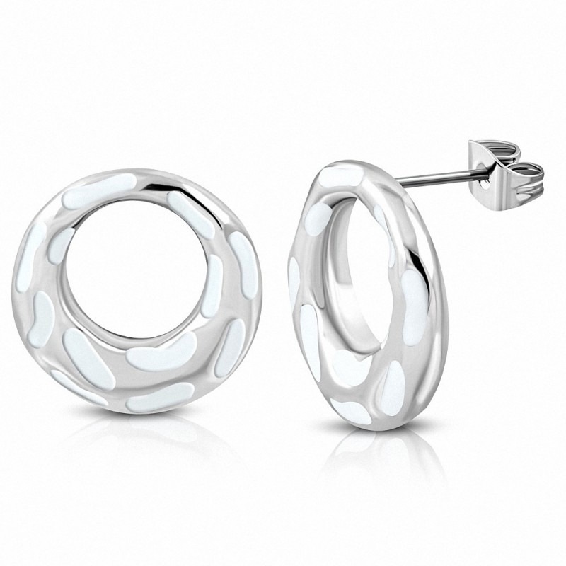 Boucles d'oreilles en acier inoxydable avec cercle émaillé blanc (paire)