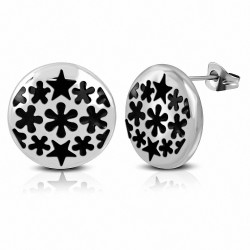 Boucles d'oreilles rondes en forme de cercle d'étoiles rondes en acier inoxydable émaillé noir (paire)