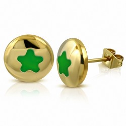 Boucles d'oreilles clous en forme d'étoile cercle émaillé vert clair en acier inoxydable doré (paire)