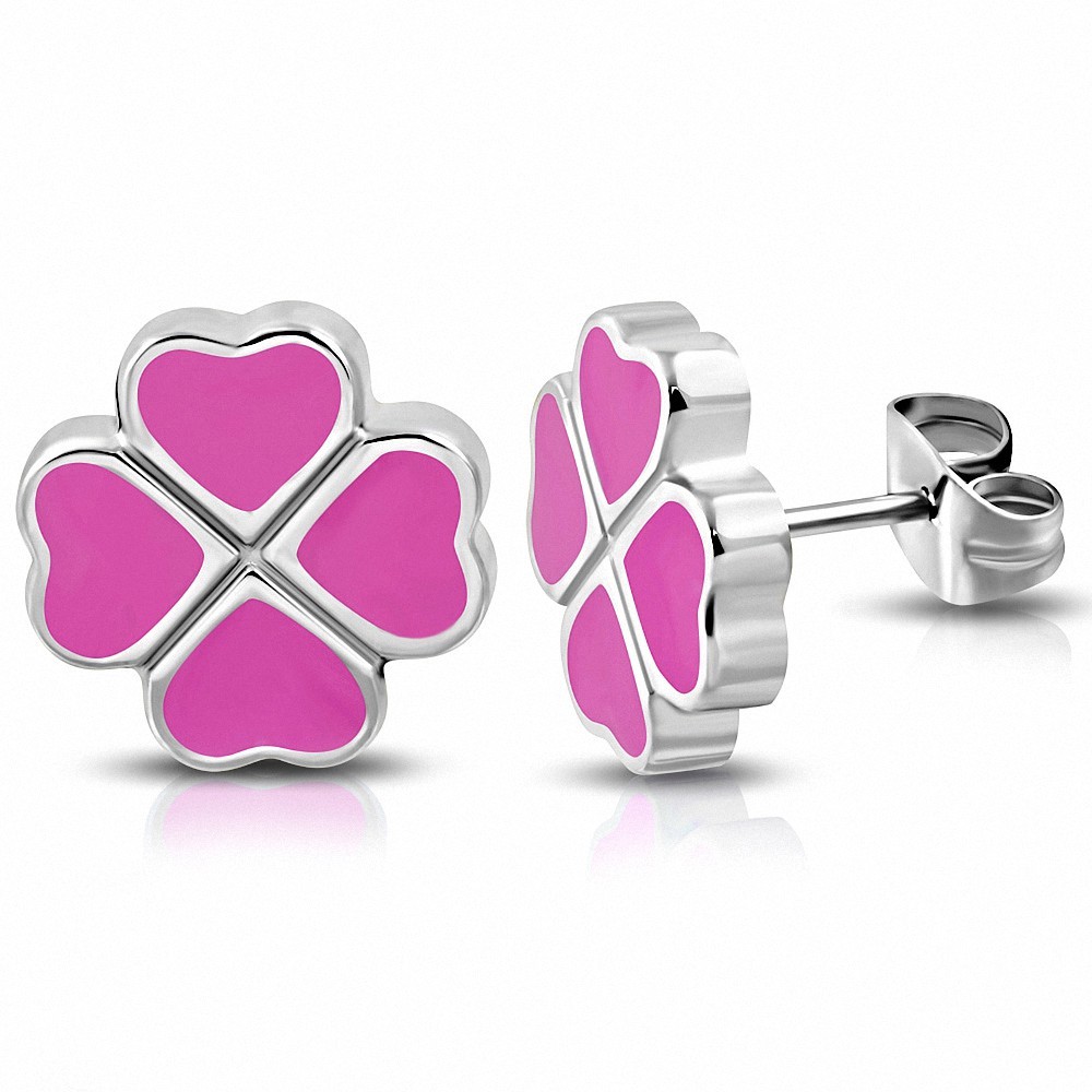 Boucles d'oreilles en forme de fleur de Shamrock en forme de coeur d'amour en acier inoxydable émaillé rose (paire)