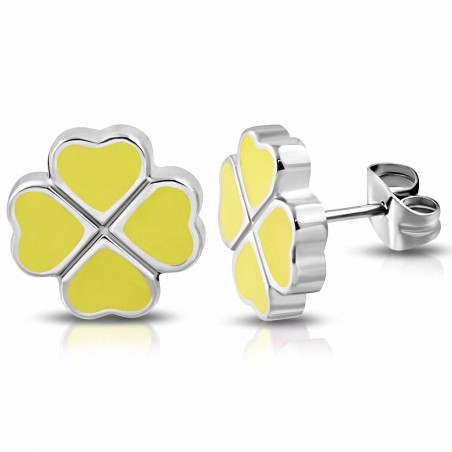 Boucles d'oreilles en forme de fleur de Shamrock en forme de coeur d'amour en acier inoxydable émaillé jaune (paire)