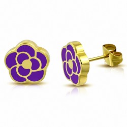 Boucles d'oreilles en forme de fleur de rose émaillée en acier inoxydable doré avec améthyste