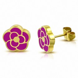 Boucles d'oreilles en forme de fleur de rose émaillé rose en acier inoxydable doré rose (paire)