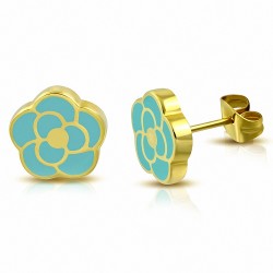 Boucles d'oreilles en forme de fleur de rose émaillée bleu ciel en acier inoxydable doré (paire)