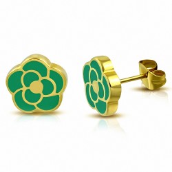 Boucles d'oreilles en forme de fleur de rose émaillé vert en acier inoxydable doré (paire)