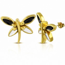 Boucles d'oreilles libellule émaillée noir et blanc en acier inoxydable plaqué de couleur d'or (paire)