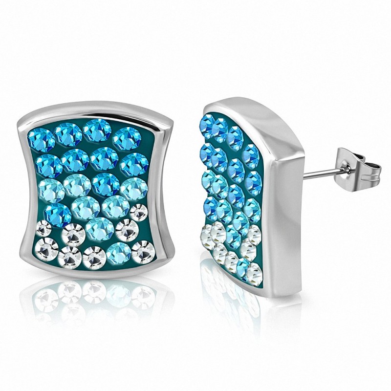 Boucles d'oreilles carrées concaves en acier inoxydable à carreaux et pavés carrés avec cZ incolore et aigue-marine (paire)