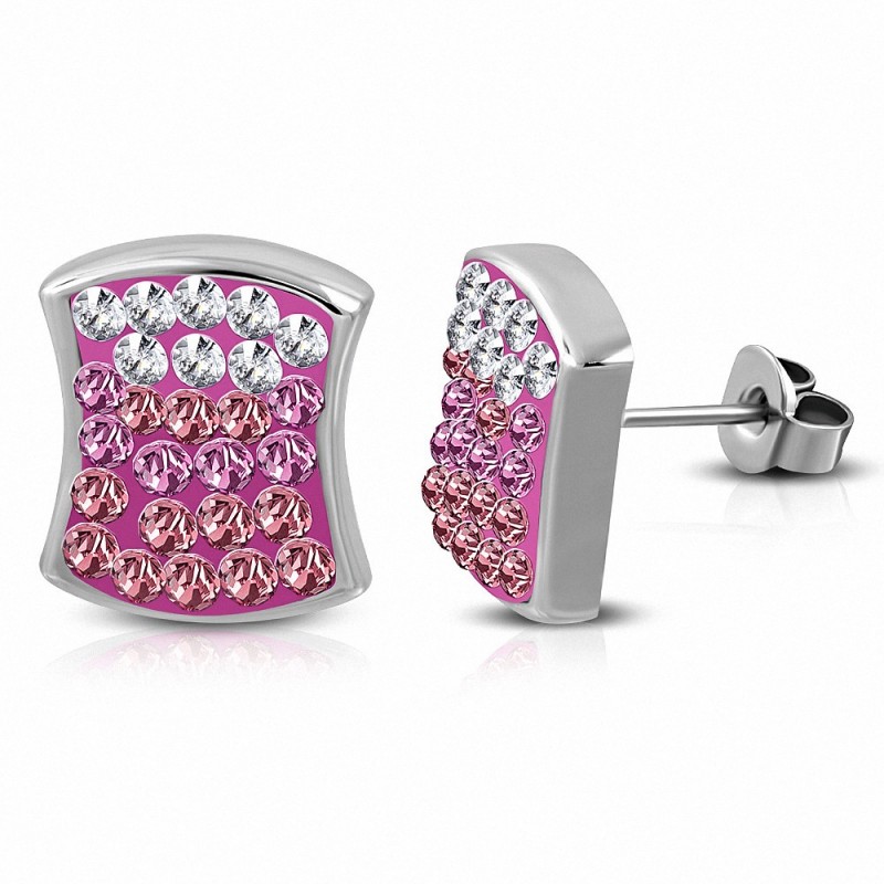 Boucles d'oreilles carrées concaves en acier inoxydable avec pavé carré transparent / rose CZ (paire)