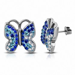 Boucles d'oreilles papillon en acier inoxydable avec papillon transparent / bleu capri CZ (la paire)