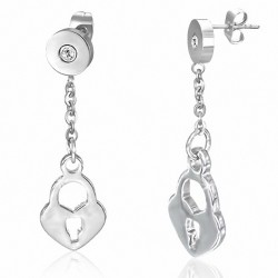 Pendants d'oreilles en forme de coeur en forme de coeur avec cadenas en acier inoxydable avec cZ transparent (paire)