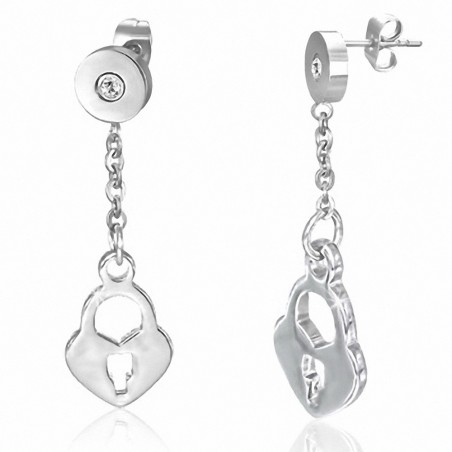 Pendants d'oreilles en forme de coeur en forme de coeur avec cadenas en acier inoxydable avec cZ transparent (paire)