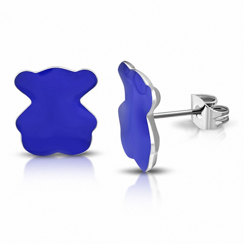 Boucles d'oreilles clous teddy-Bear  en acier inoxydable émaillé bleu (paire)
