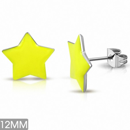 12mm | Boucles d'oreilles clous étoiles en acier inoxydable émaillé jaune (paire)