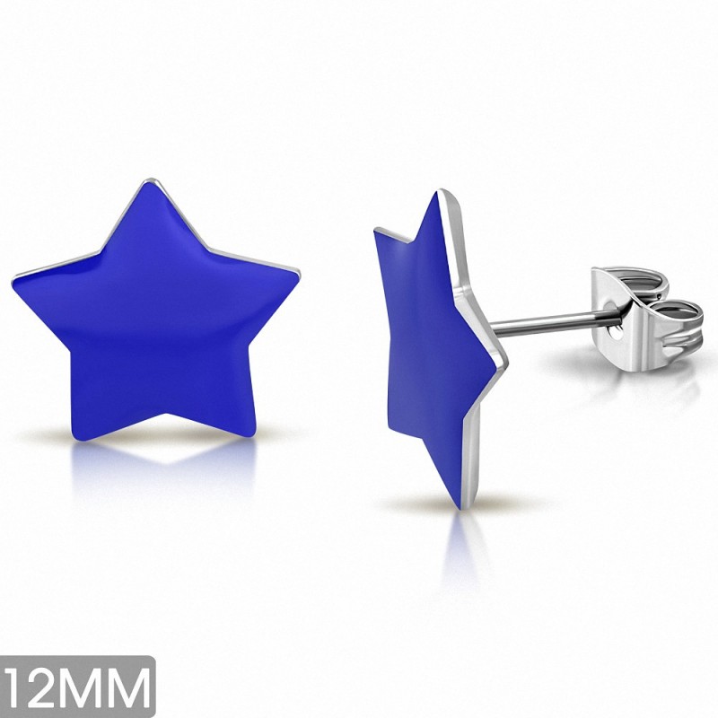 12mm | Boucles d'oreilles clous étoiles en acier inoxydable émaillé bleu (paire)