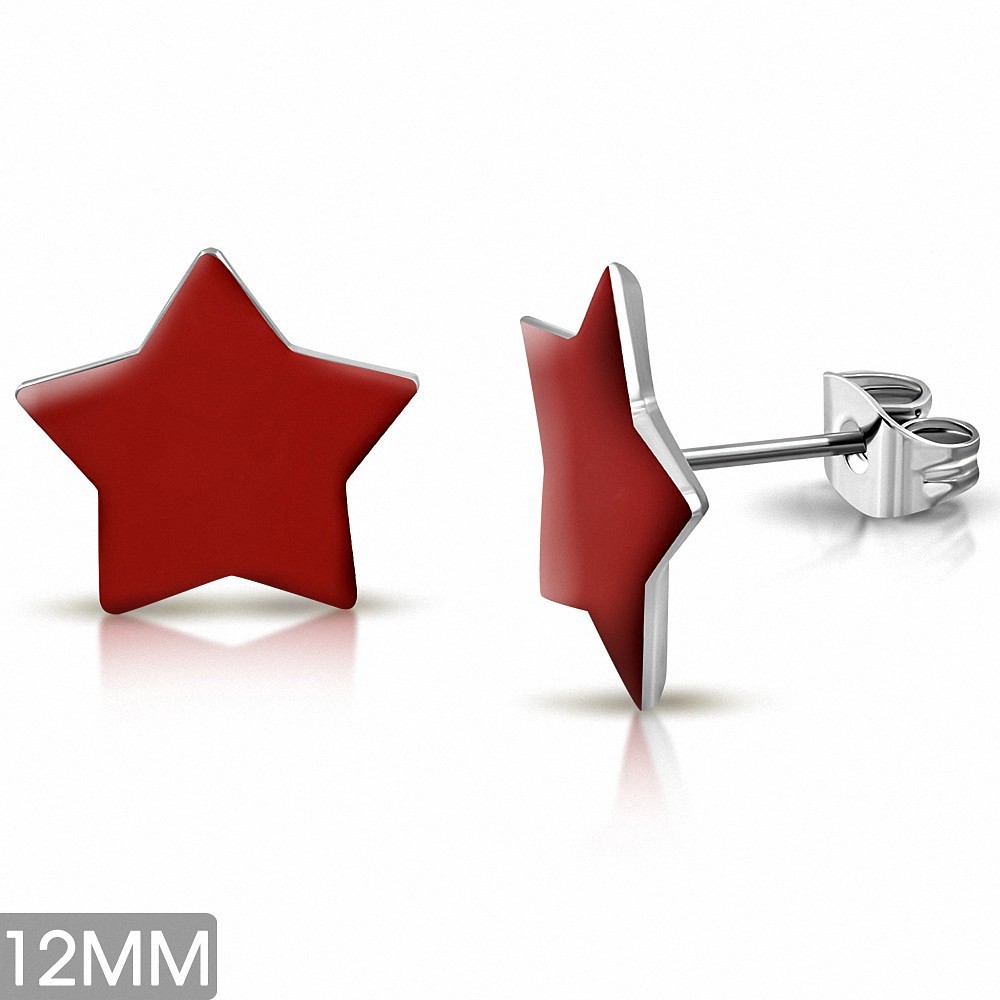 12mm | Boucles d'oreilles clous étoiles en acier inoxydable émaillé rouge (paire)