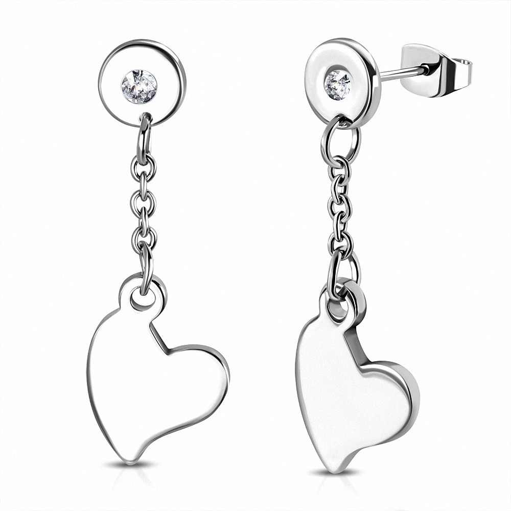 Pendants d'oreilles en forme de coeur en acier inoxydable avec pendentif goutte d'eau avec cZ transparent (paire)