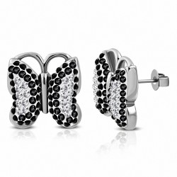 Boucles d'oreilles papillon en acier inoxydable avec papillon clair et noir cz (paire)