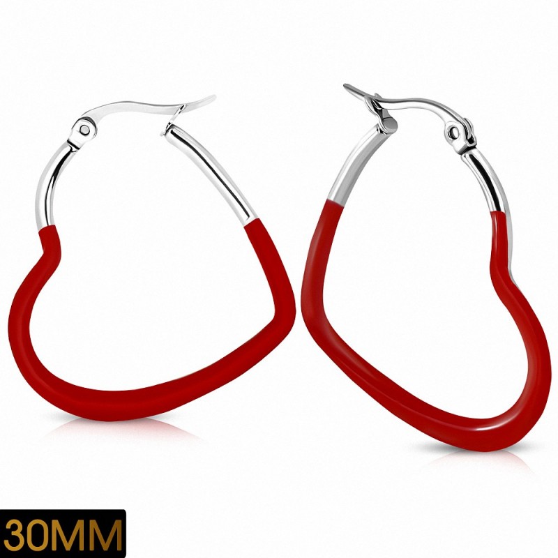 30mm | Boucles d'oreilles clip arrière en forme de cœur d'amour en acier inoxydable émaillé rouge (paire)