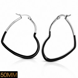 50mm | Boucles d'oreilles clip arrière en forme de coeur d'amour en acier inoxydable émaillé noir (paire)