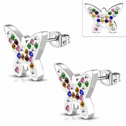 Boucles d'oreilles papillon en acier inoxydable à brunir avec CZ colorée (paire)