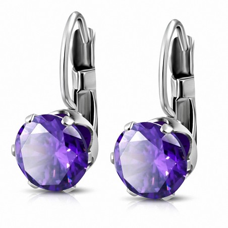 9mm | Boucles d'oreilles dormeuses à cercle rond en acier inoxydable avec sertissage violet / violet CZ