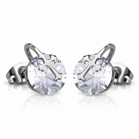 Boucles d'oreilles clous rondes en acier inoxydable avec cercle de croix en acier inoxydable avec paire de cZ transparente