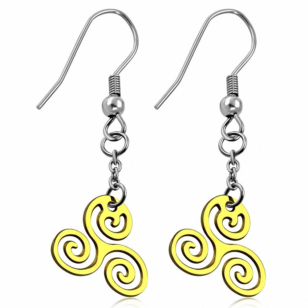 Longues boucles d'oreilles à crochet en spirale celtique Trinity en acier inoxydable à 2 tons (paire)