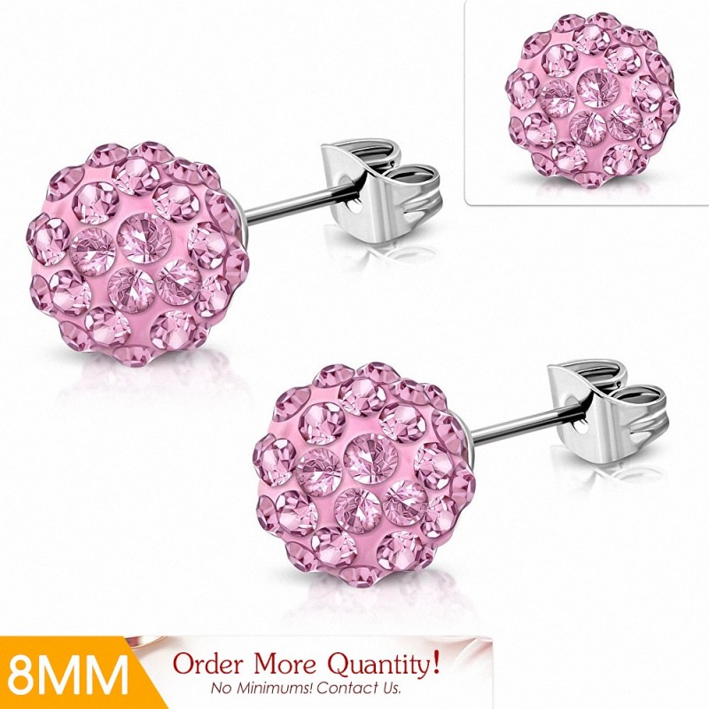 8mm | Boucles d'oreilles Shamballa en acier inoxydable Argil Disco Ball avec Rose CZ Rose (paire)