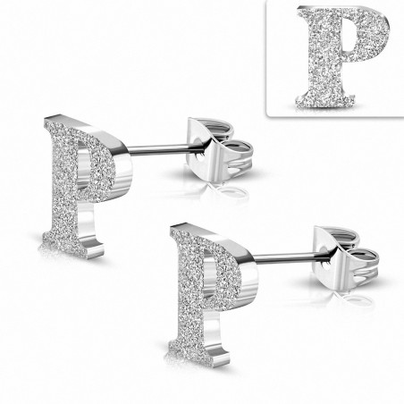 Boucles d'oreilles Alphabet P en acier inoxydable sablé (paire)