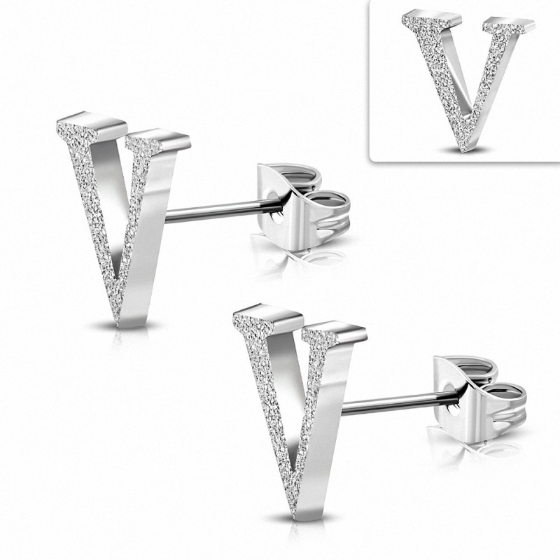 Boucles d'oreilles Alphabet V en acier inoxydable sablé (paire)