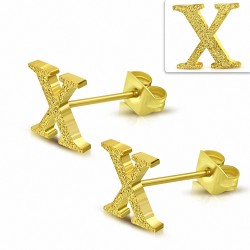 Boucles d'oreilles clous en alphabet sablé X en acier inoxydable plaqué de couleur d'or (paire)