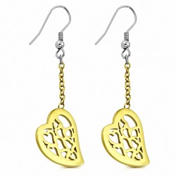 Boucles d'oreilles à long crochet en forme de coeur d'amour en acier inoxydable à 2 tons (paire