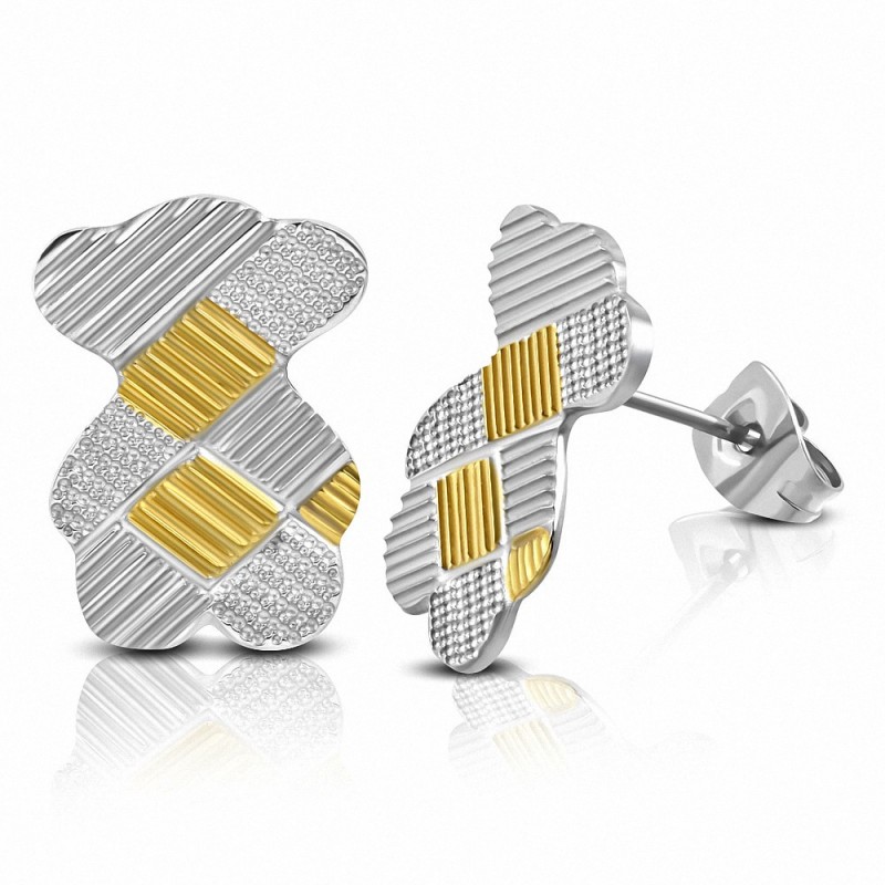 Boucles d'oreilles clous Teddy Bear à damier rainuré en acier inoxydable 2 tons (Paire)