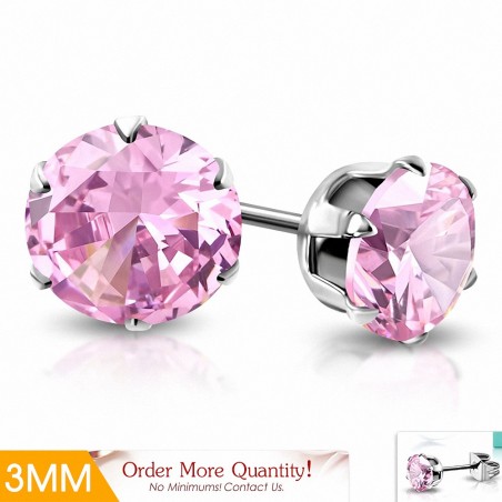 3mm | Boucles d'oreille rondes en acier inoxydable avec pendentif rond et zircone rose (paire)