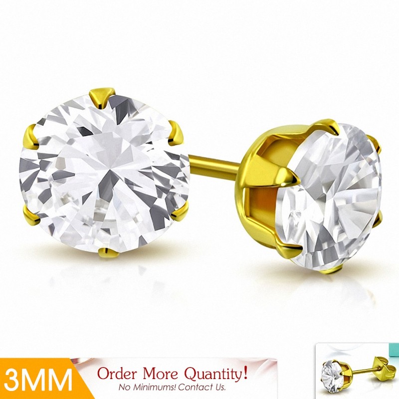 3mm | Boucles d'oreille rondes en acier inoxydable doré avec rondelle et serti de diamants (paire)
