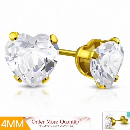 4mm | Boucles d'oreille en forme de coeur en forme de coeur en acier inoxydable doré avec  Clear CZ (paire)